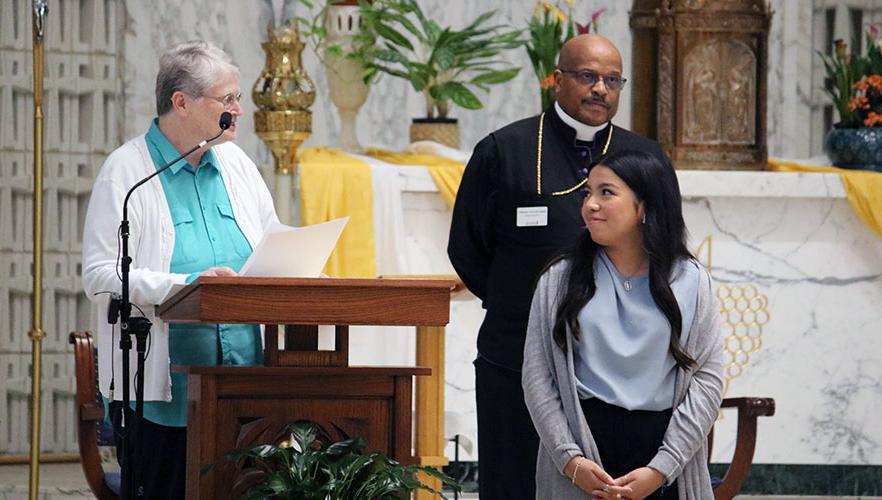 Kahli Villanueva, Bishop Trevor Alexander and Sr. Walter Maher, CCVI